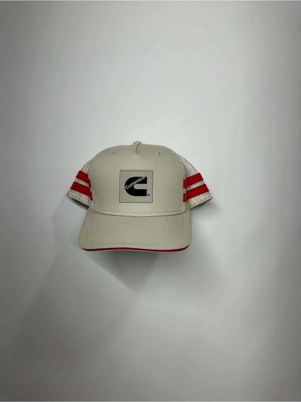 Cummins Trucker Hat Cream Red Racing Stripe Mesh Snapback Diesel Engine Cap